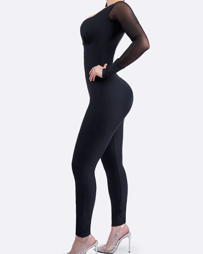 Front Zipper Slim Mesh Long Sleeve Bodycon Jumpsuit