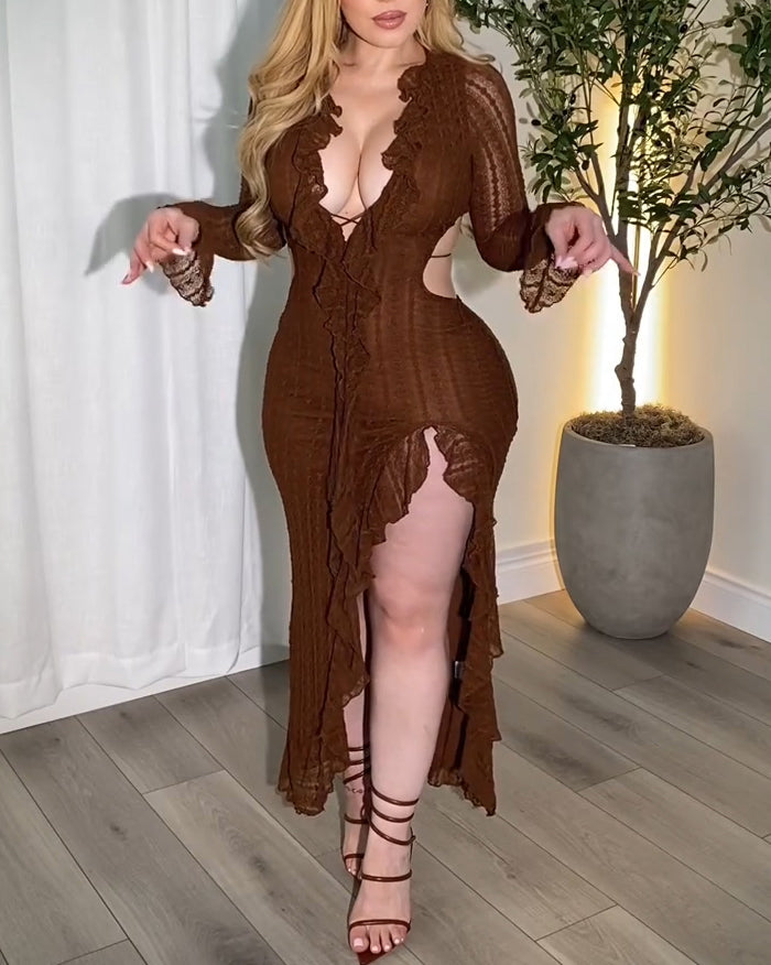 Women's Long-Sleeved Side-Slit Cutout Dress