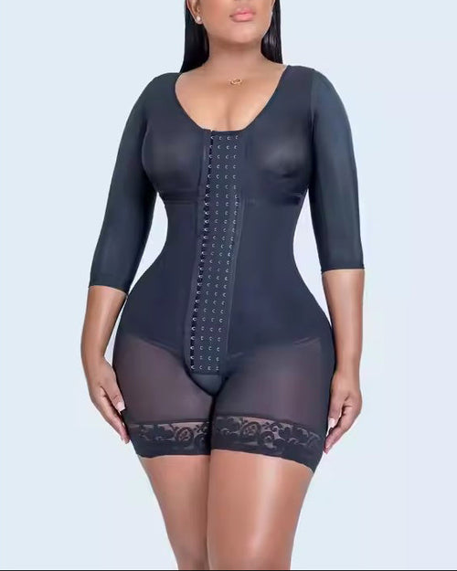 4 Row Hook and Eye Mid-Length Sleeve Full Body Shaper