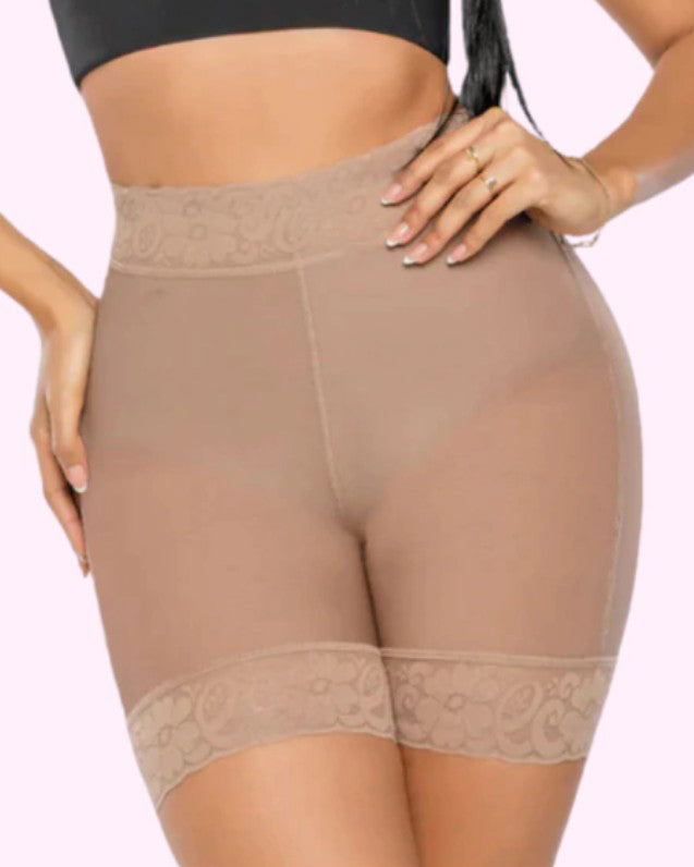 Mesh Lace Trims High Rise Butt Lifter Shorts Tan