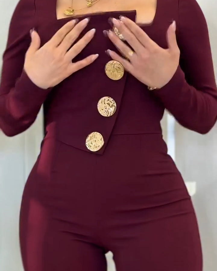 Women's Long-Sleeved Button Slim Fit Jumpsuit DarkRed