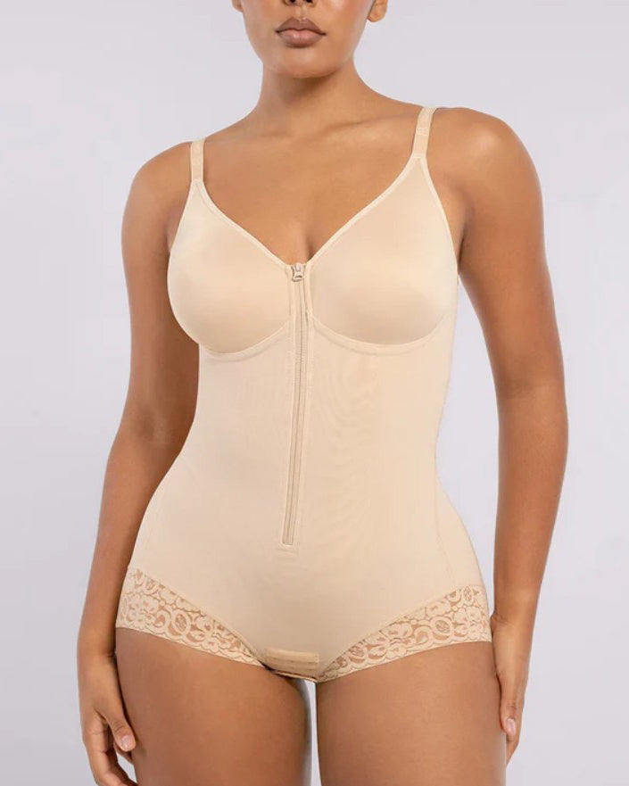 Front-Zip Sleeveless Tummy Sculpt Bodysuit Tan