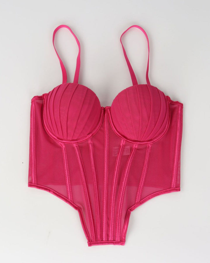 Sexy Sheer Mesh Suspender Corset Top HotPink