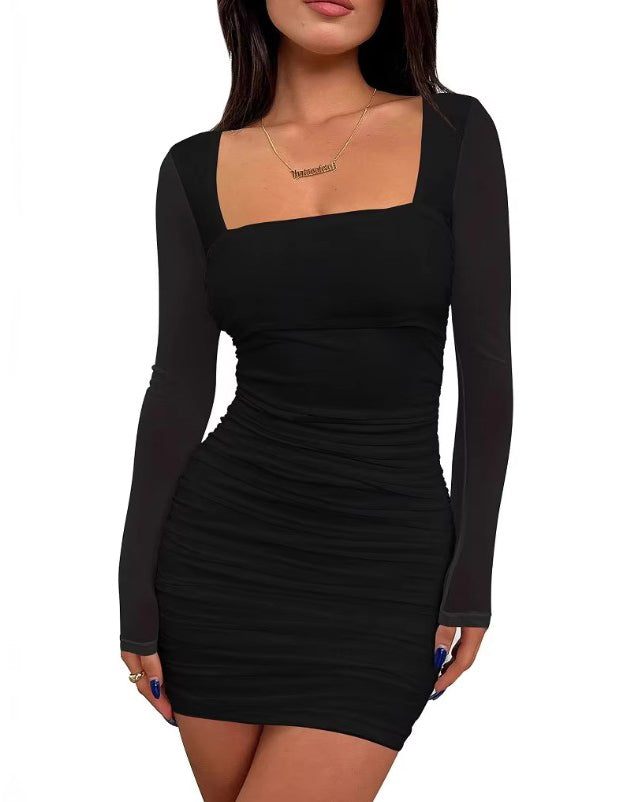 Women's Square Neck Mesh Long Sleeve Ruched Bodycon Dress Black