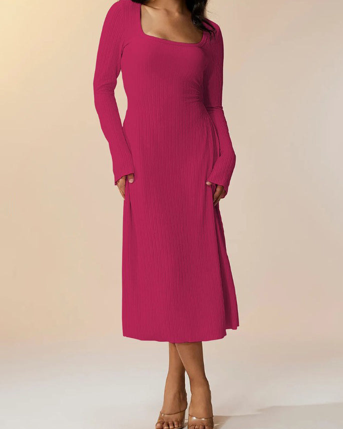 Knitted Ribbed Square Neck Long-Sleeved Tie Dress VioletRed