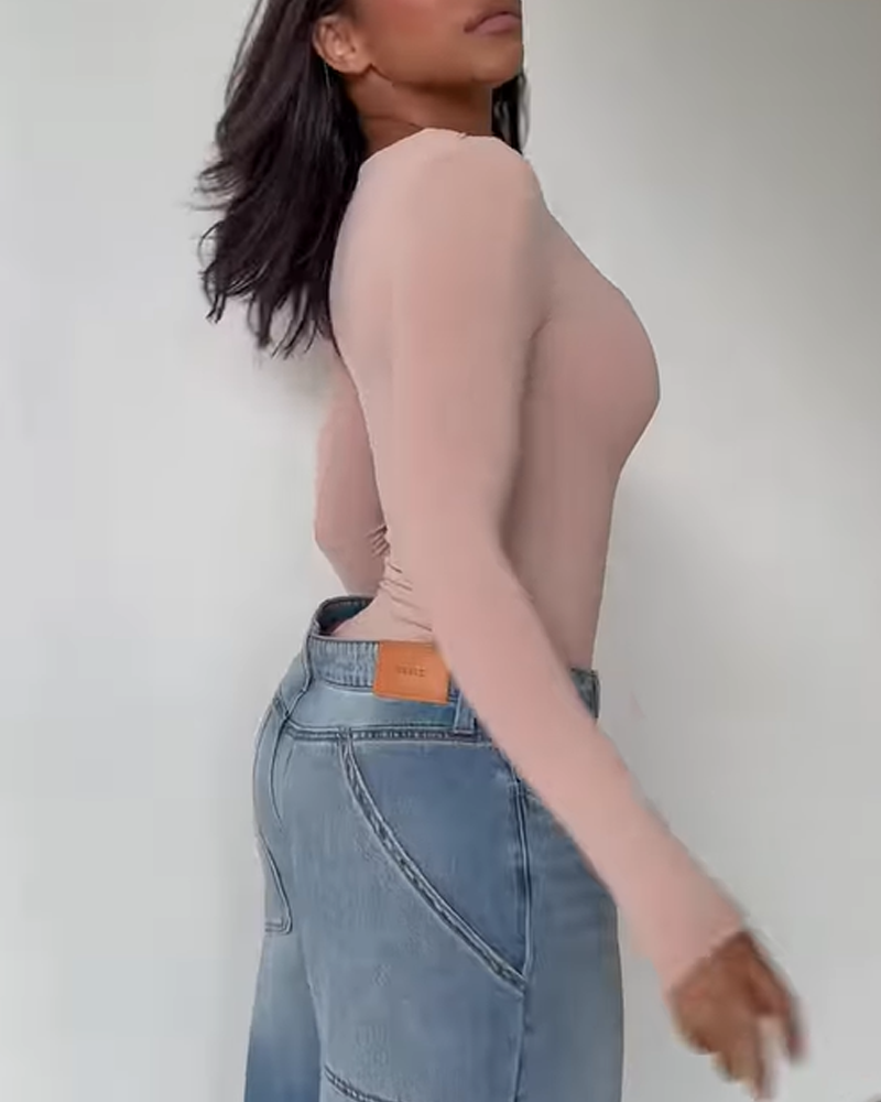 Square Neck Slim Tummy Control Long Sleeve Bodysuit