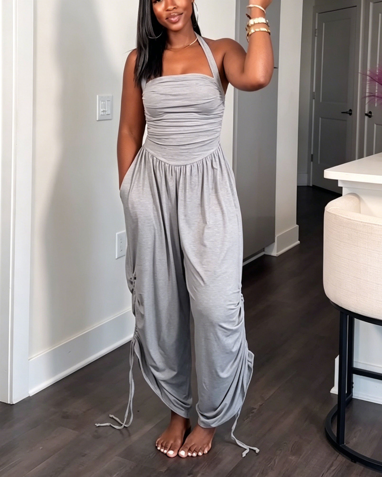 Backless Pleated Drawstring Waist Wide Leg Loose Fitting Jumpsuit