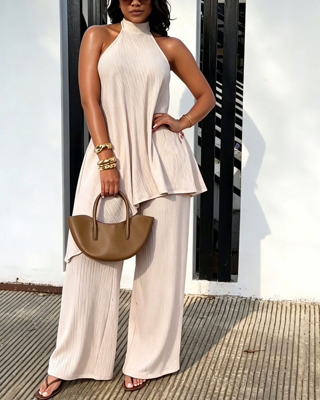 Crinkle Halter Backless Top & Wide Leg Pants Two-Piece Set