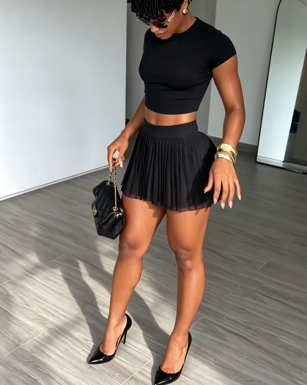 Short-Sleeve Crop Top & Pleated Mini Skirt Two-Piece Set