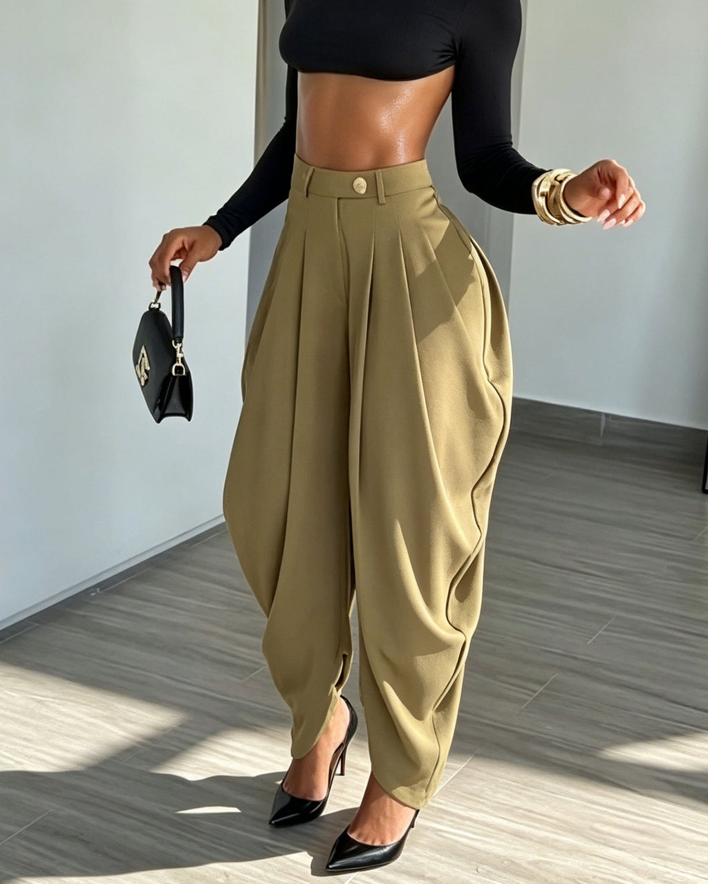 High Waisted Pleated Slit Wide Leg Harem Style Suit Pants