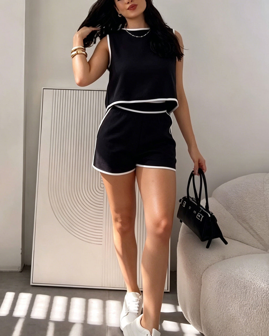 Contrast Trim Sleeveless Tie-Back Top & Shorts Two-Piece Set