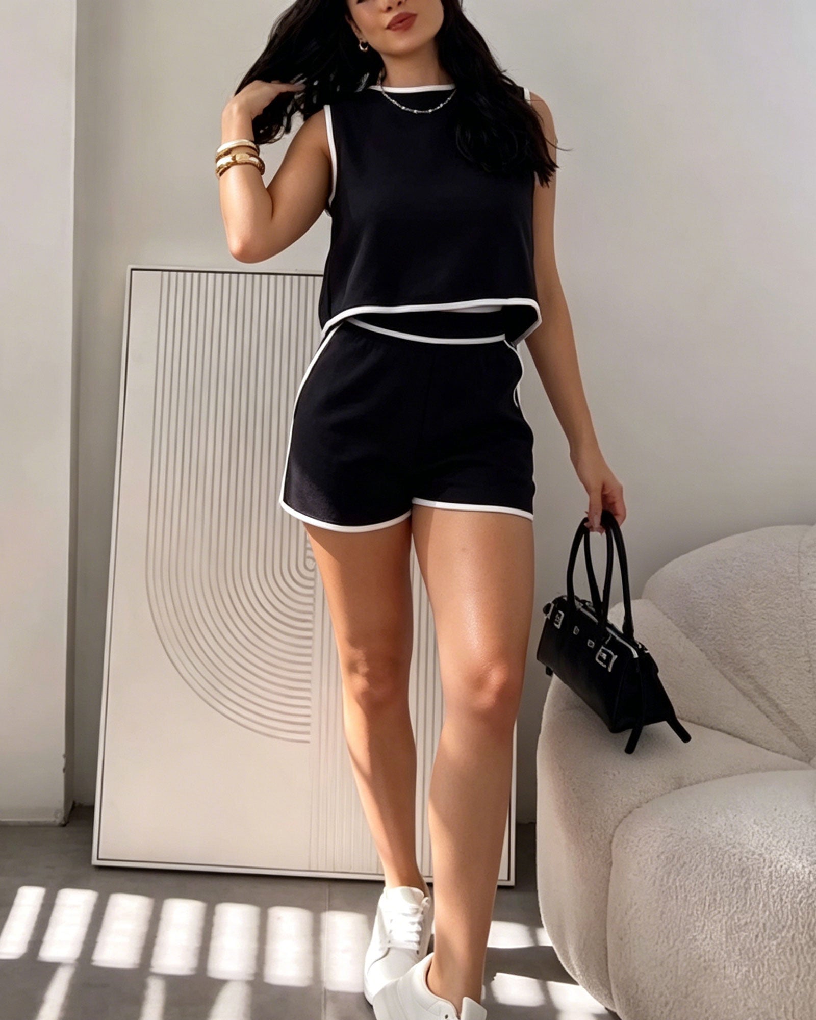 Contrast Trim Sleeveless Tie-Back Top & Shorts Two-Piece Set