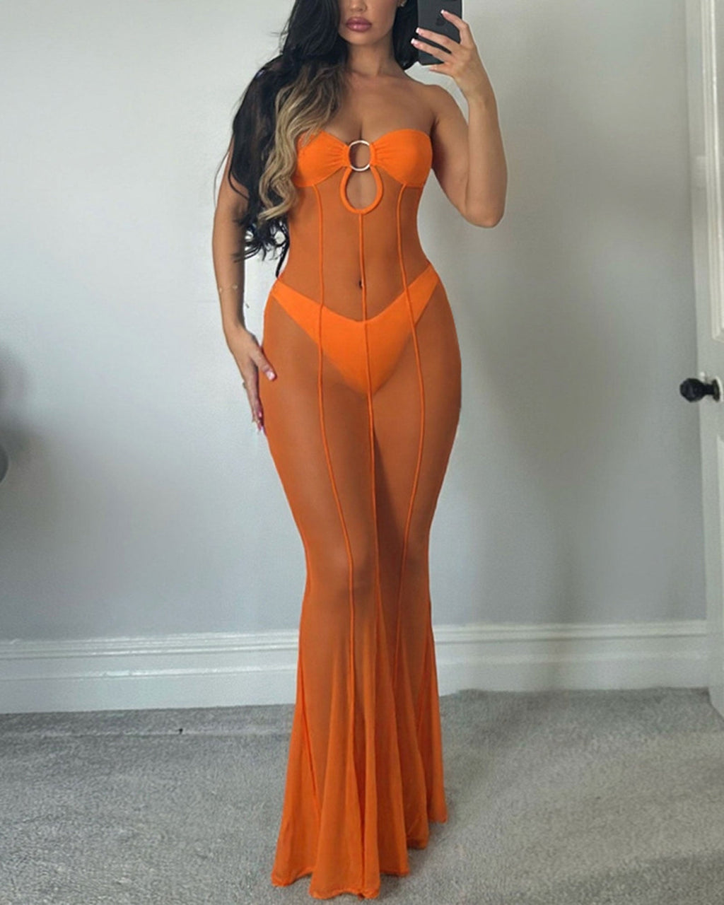 Strapless O-Ring Cutout Sheer Mesh Vertical Seam Flared Long Cover-Up Dress