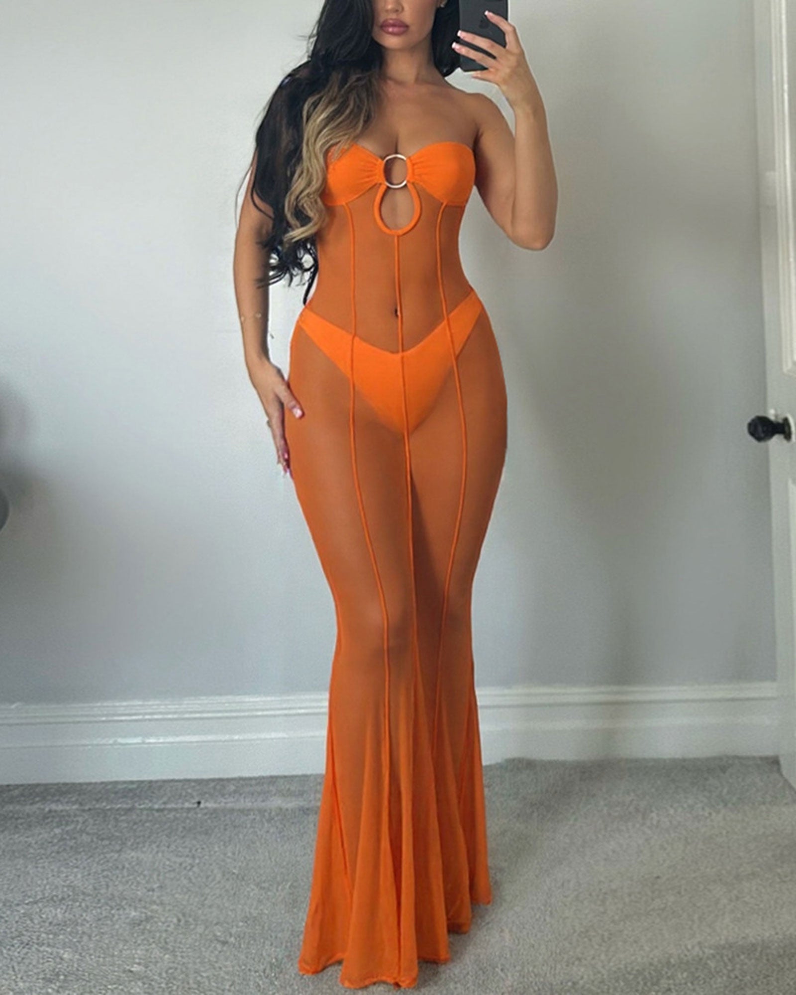 Strapless O-Ring Cutout Sheer Mesh Vertical Seam Flared Long Cover-Up Dress