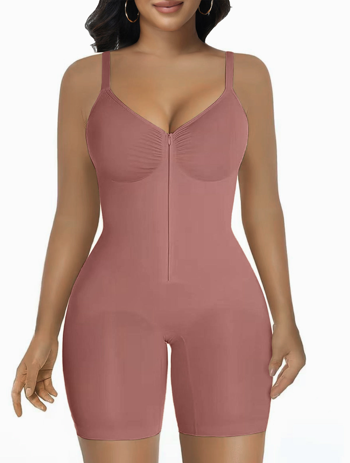 Women's High Elastic Zipper Adjustable Straps Breathable Mesh Design Tummy Control Body Shaper RosyBrown