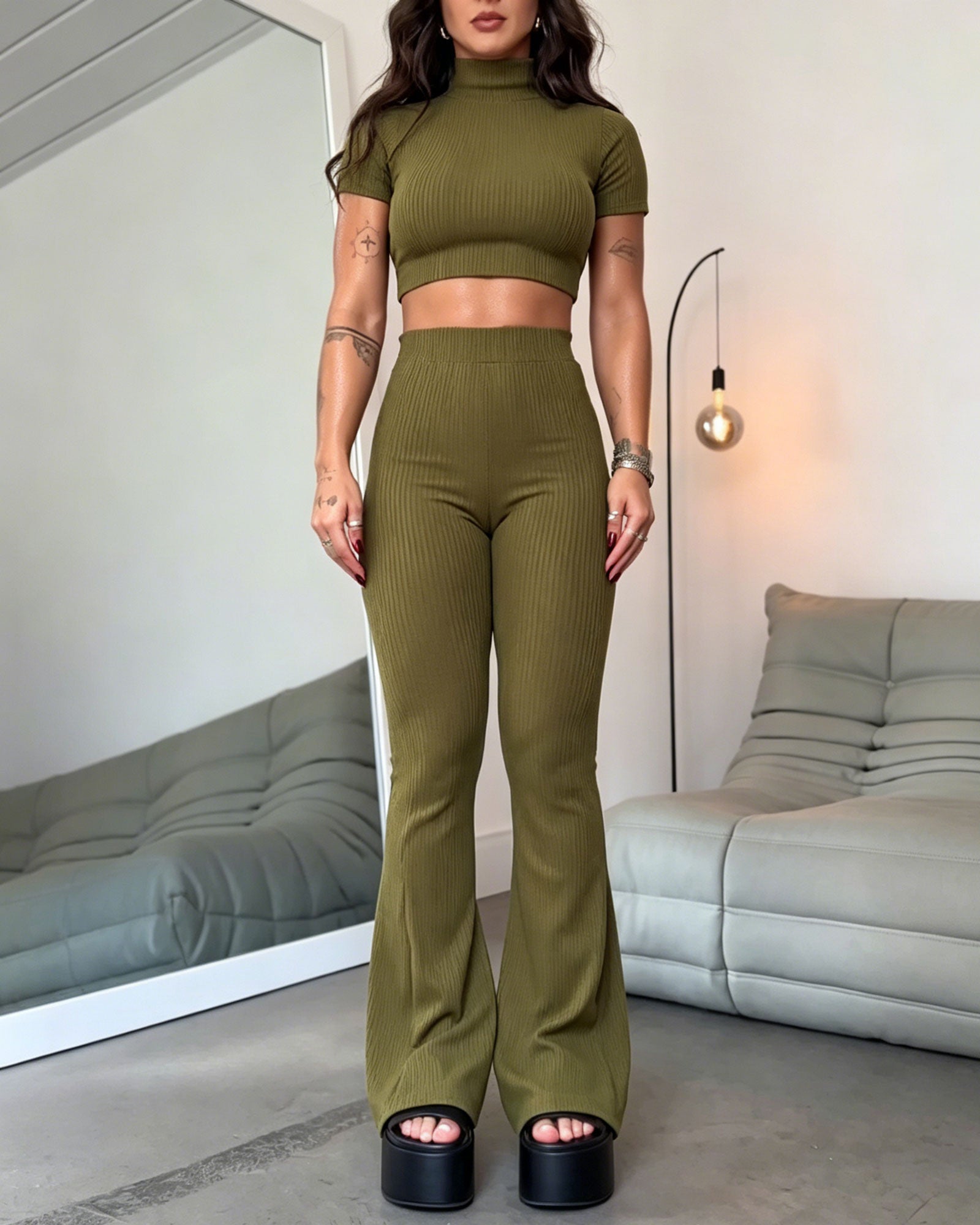 Ribbed Knit Turtleneck Short Sleeved Crop Top And High Waisted Flared Pants Two Piece Set
