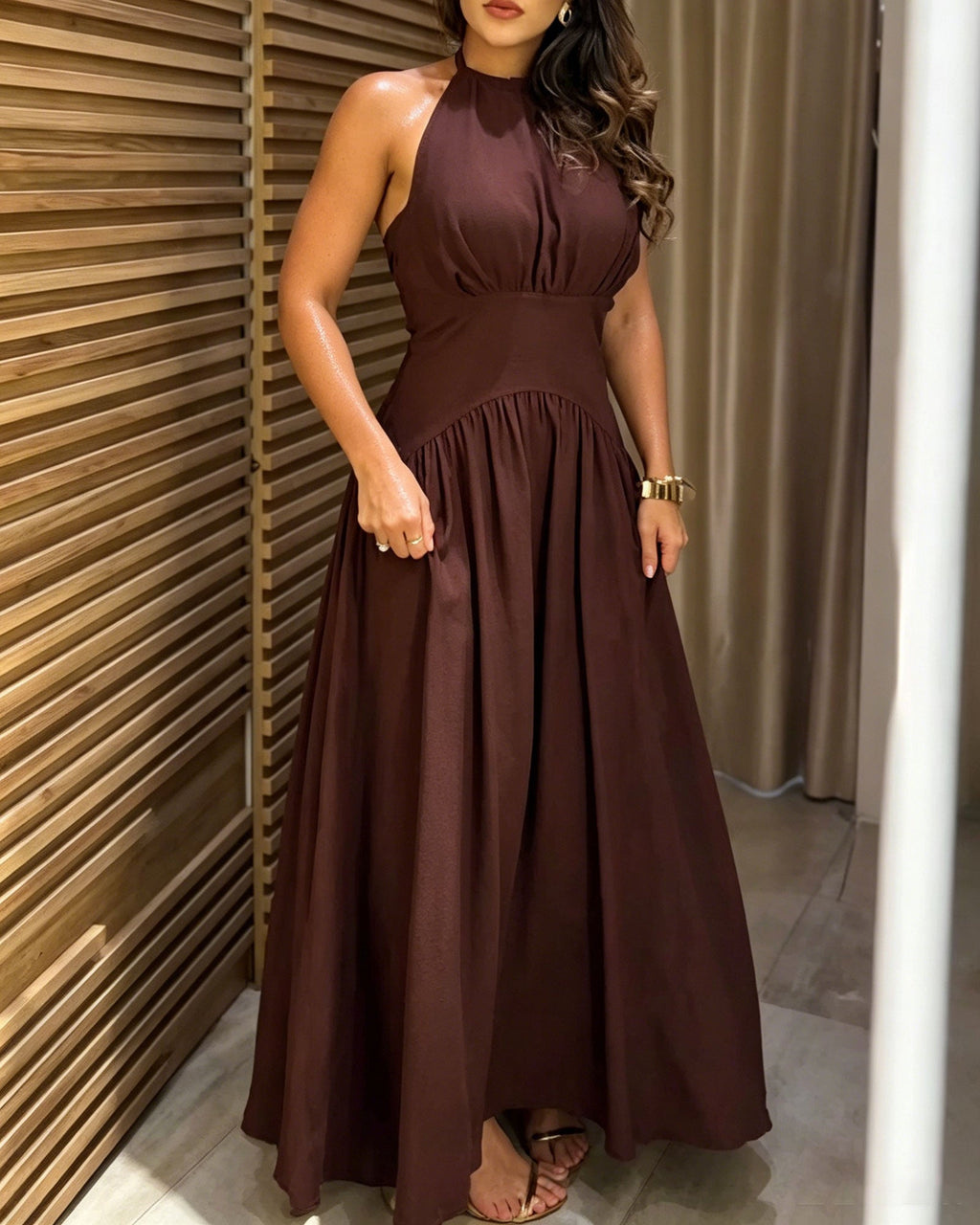Solid Color Backless Tie Waist Pleated Flowing Long Dress