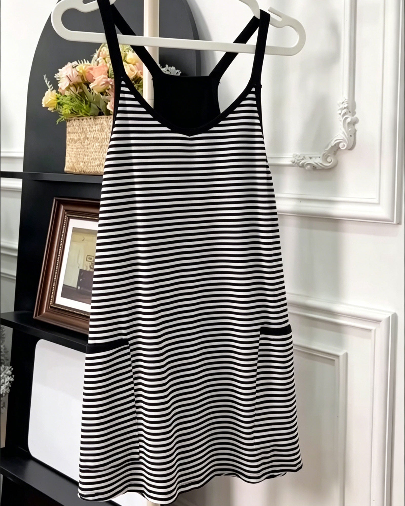 Striped V-Neck Sleeveless Swing Mini Dress with Built-In Shapewear