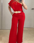 One Shoulder Ruffle Wide Leg Jumpsuit