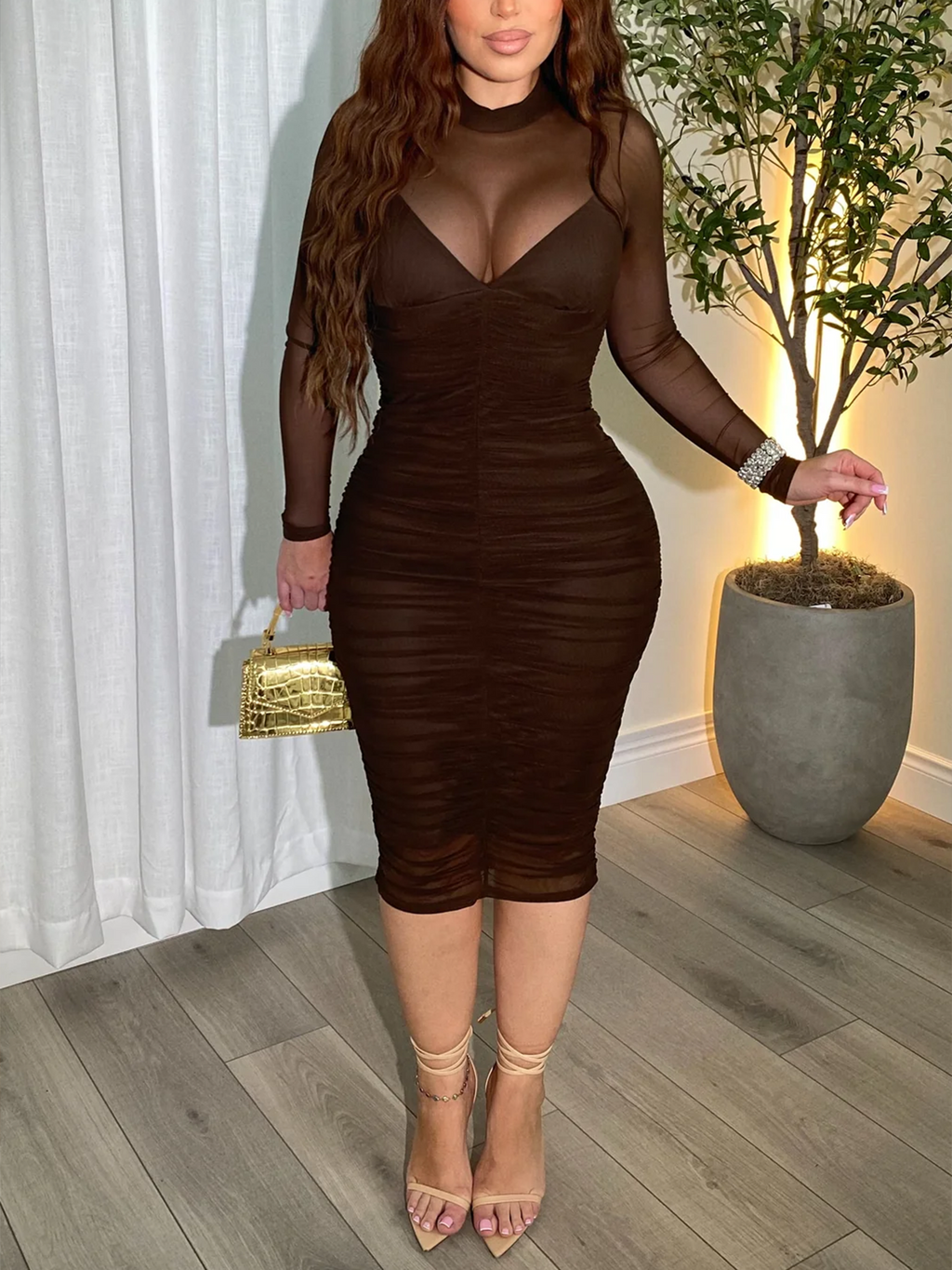 Mesh Splicing Breathable Long Sleeved Tight Dress