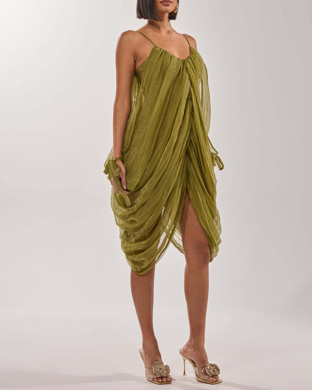 Women's Elegant Draped Mesh Midi Dress Sexy Plunging Neckline Ruched Cami Slip Dress