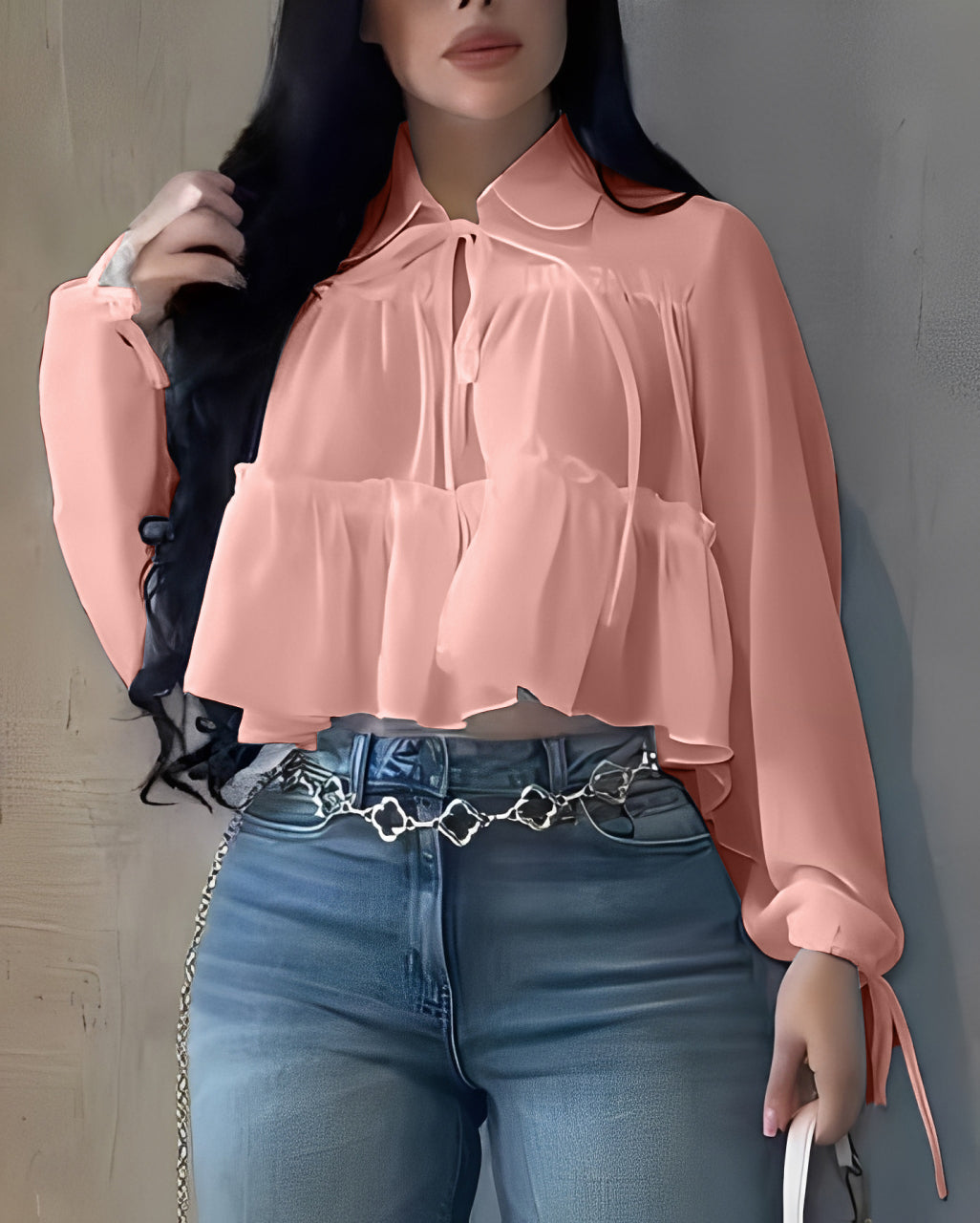 Women's Chiffon Ruffle Long Sleeve Shirt LightCoral