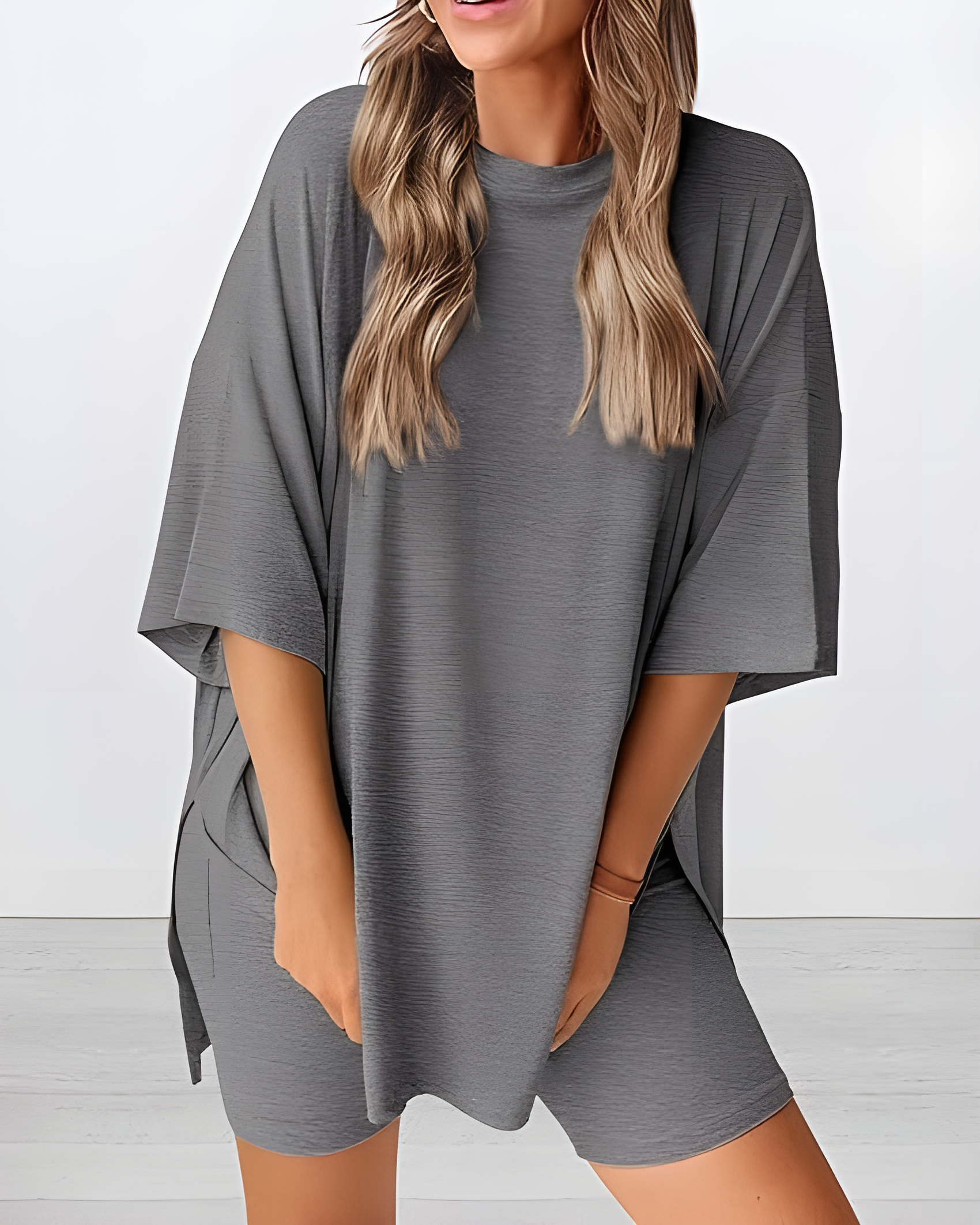 Casual Two-Piece Lounge Set Oversized Split Hem Shirt