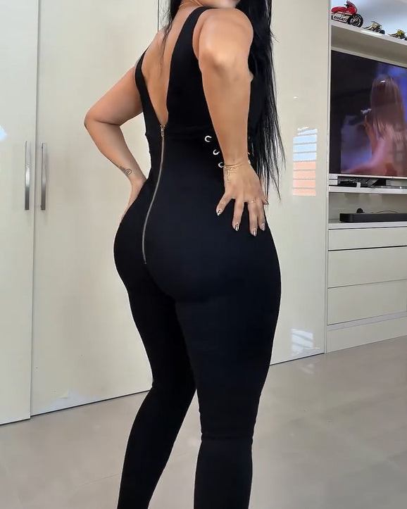 Women's Sexy Deep V-Neck Sleeveless Denim Jumpsuit with Side Lace-Up Details