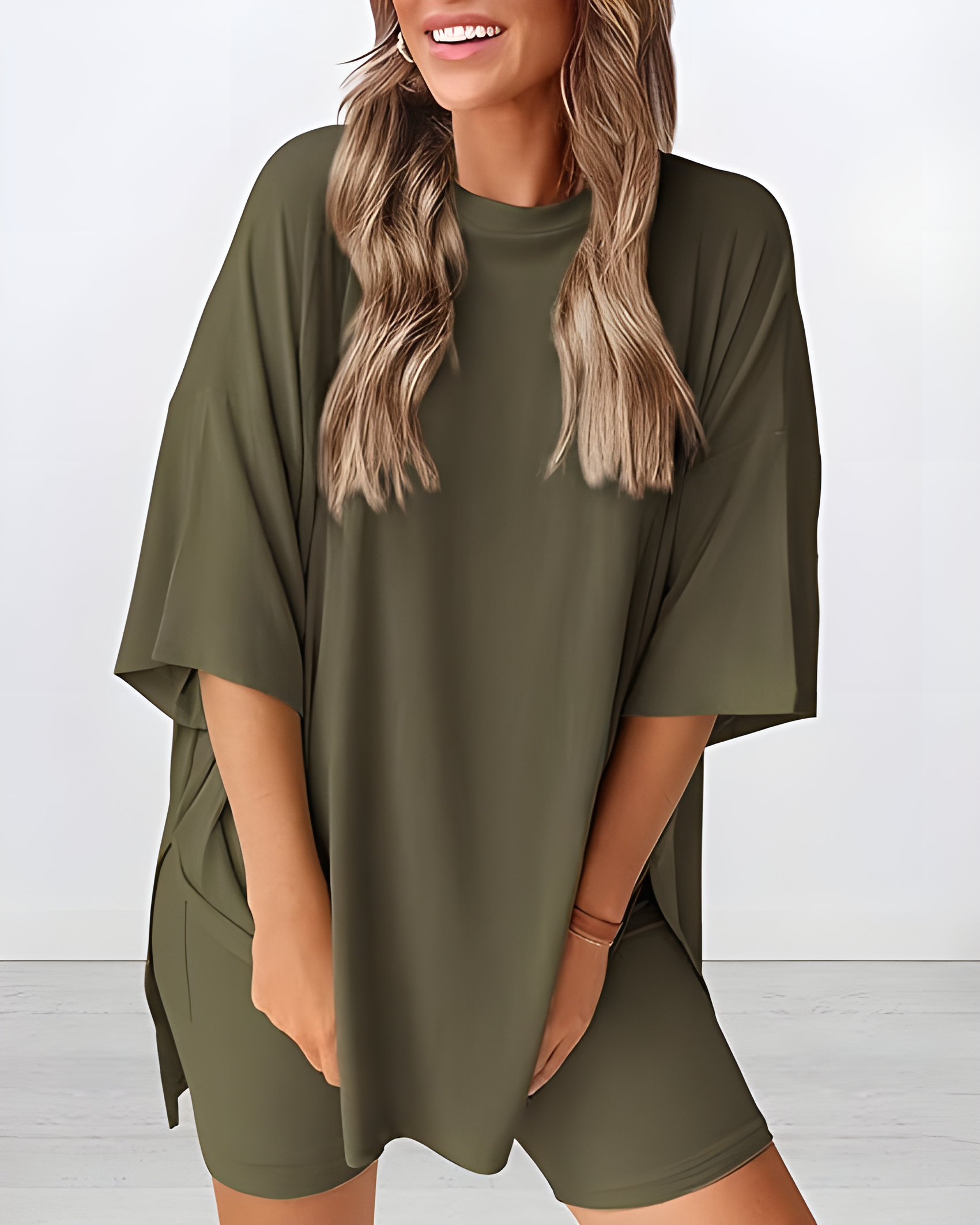 Casual Two-Piece Lounge Set Oversized Split Hem Shirt Olive