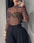 Leopard Print Mesh Top with Diamonds Brown