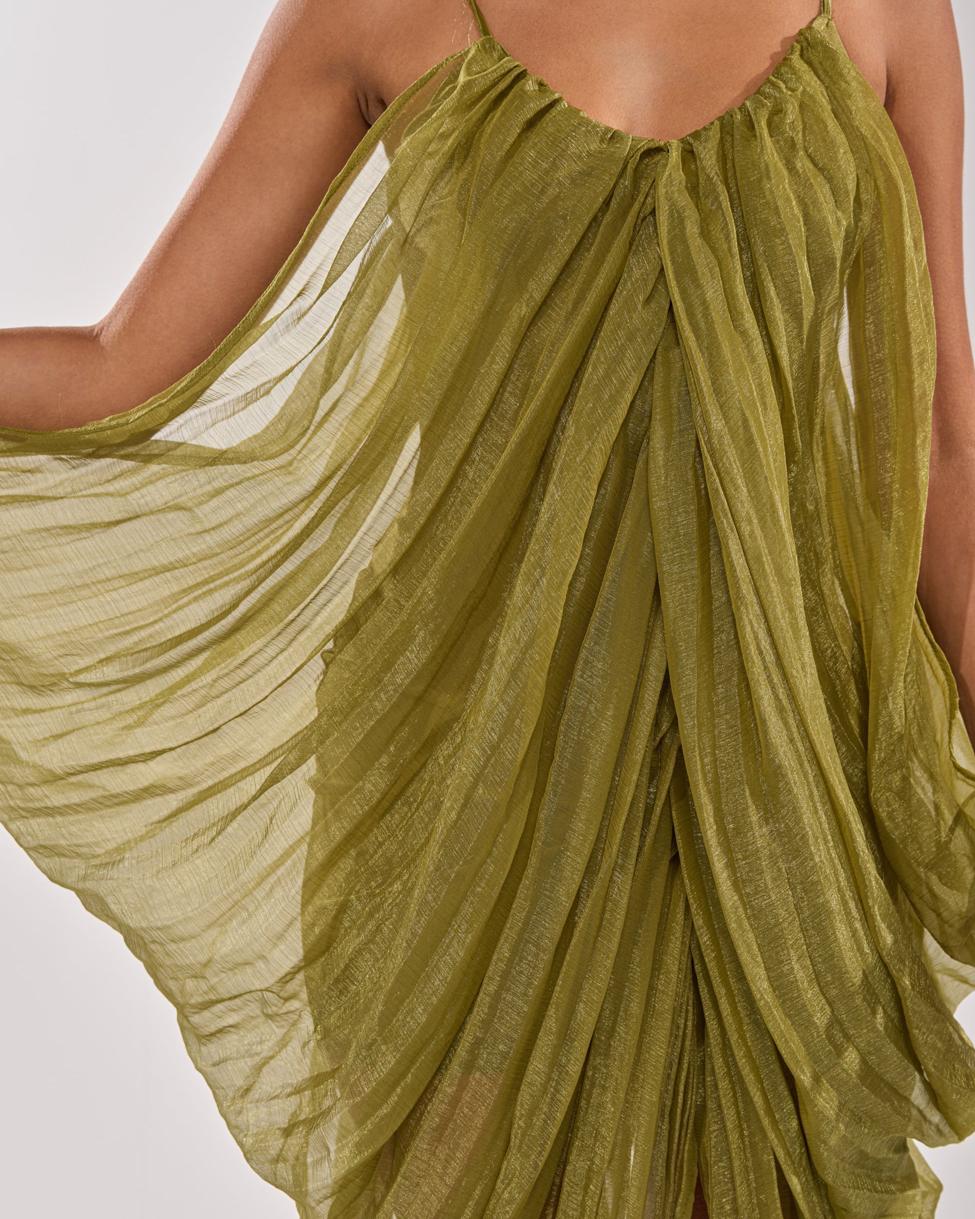 Women's Elegant Draped Mesh Midi Dress Sexy Plunging Neckline Ruched Cami Slip Dress