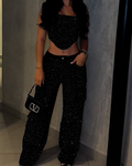 Rhinestone Suspender Overalls Pants Set Black