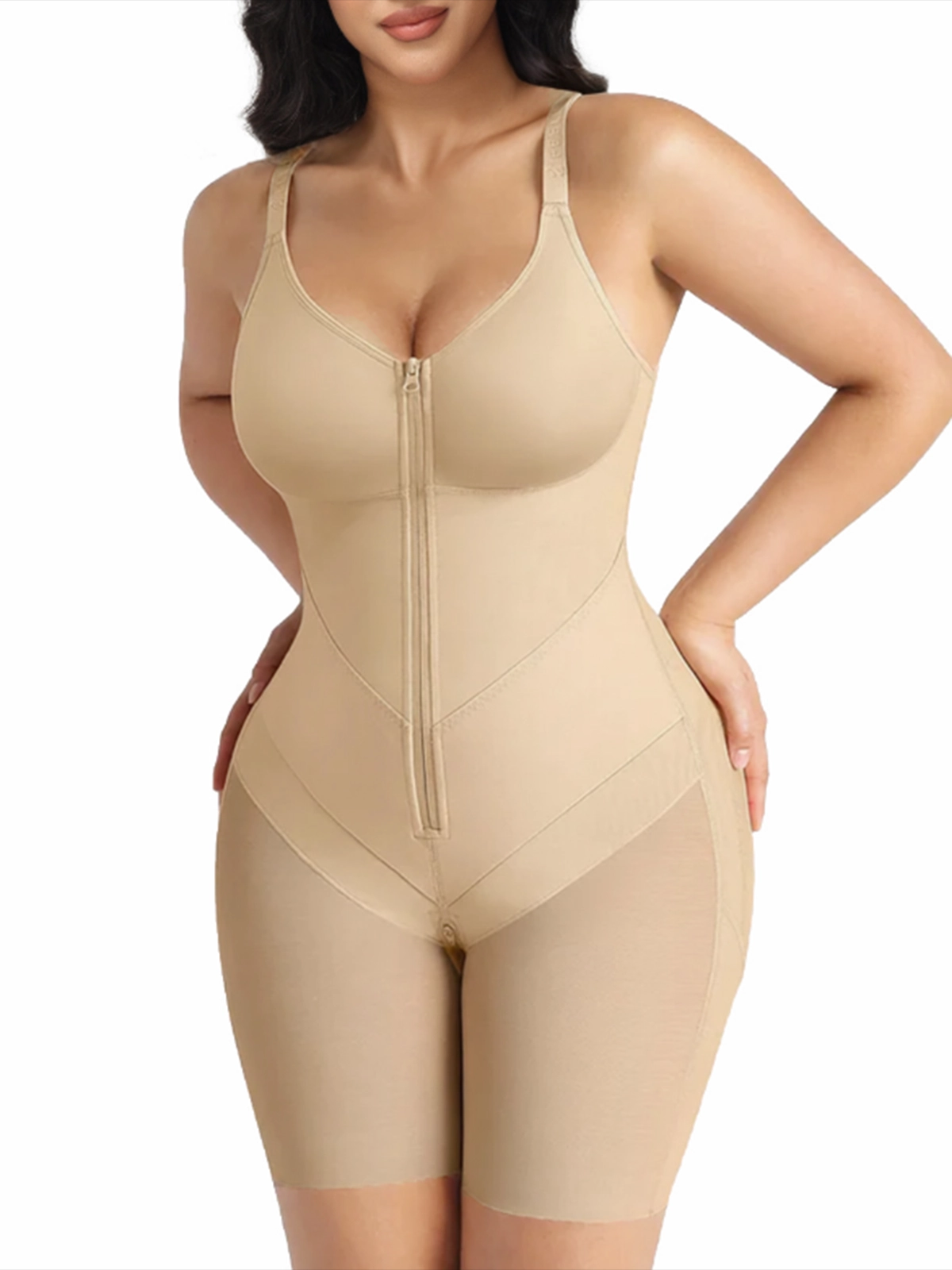 Full Coverage Chest Faja Tummy Control Butt Lift Bodysuit Tan