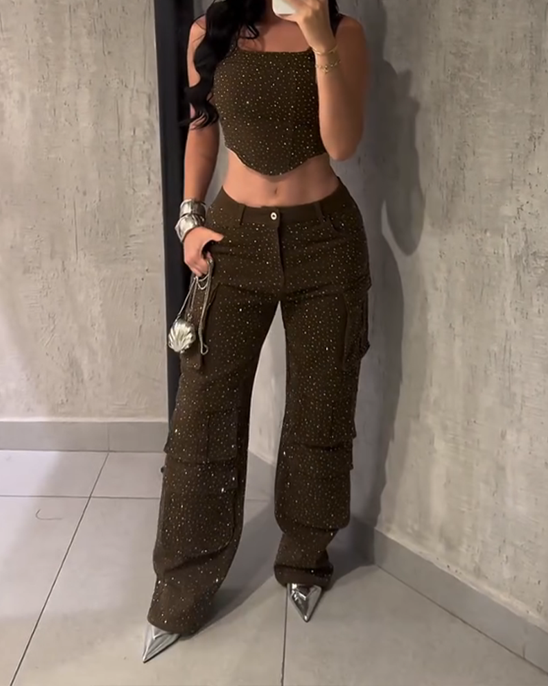 Rhinestone Suspender Overalls Pants Set