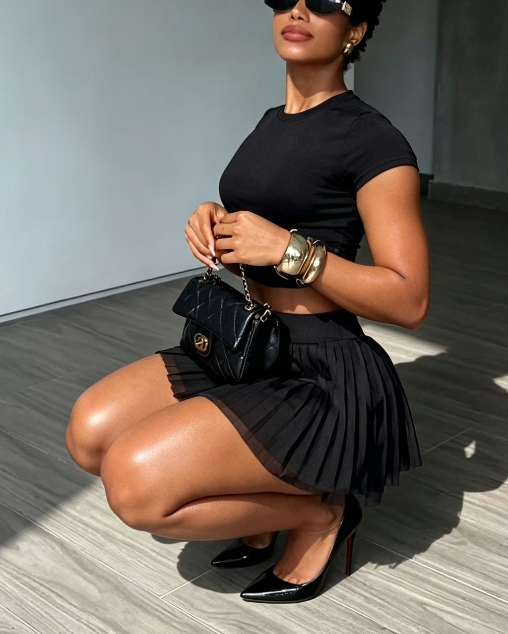Short-Sleeve Crop Top & Pleated Mini Skirt Two-Piece Set
