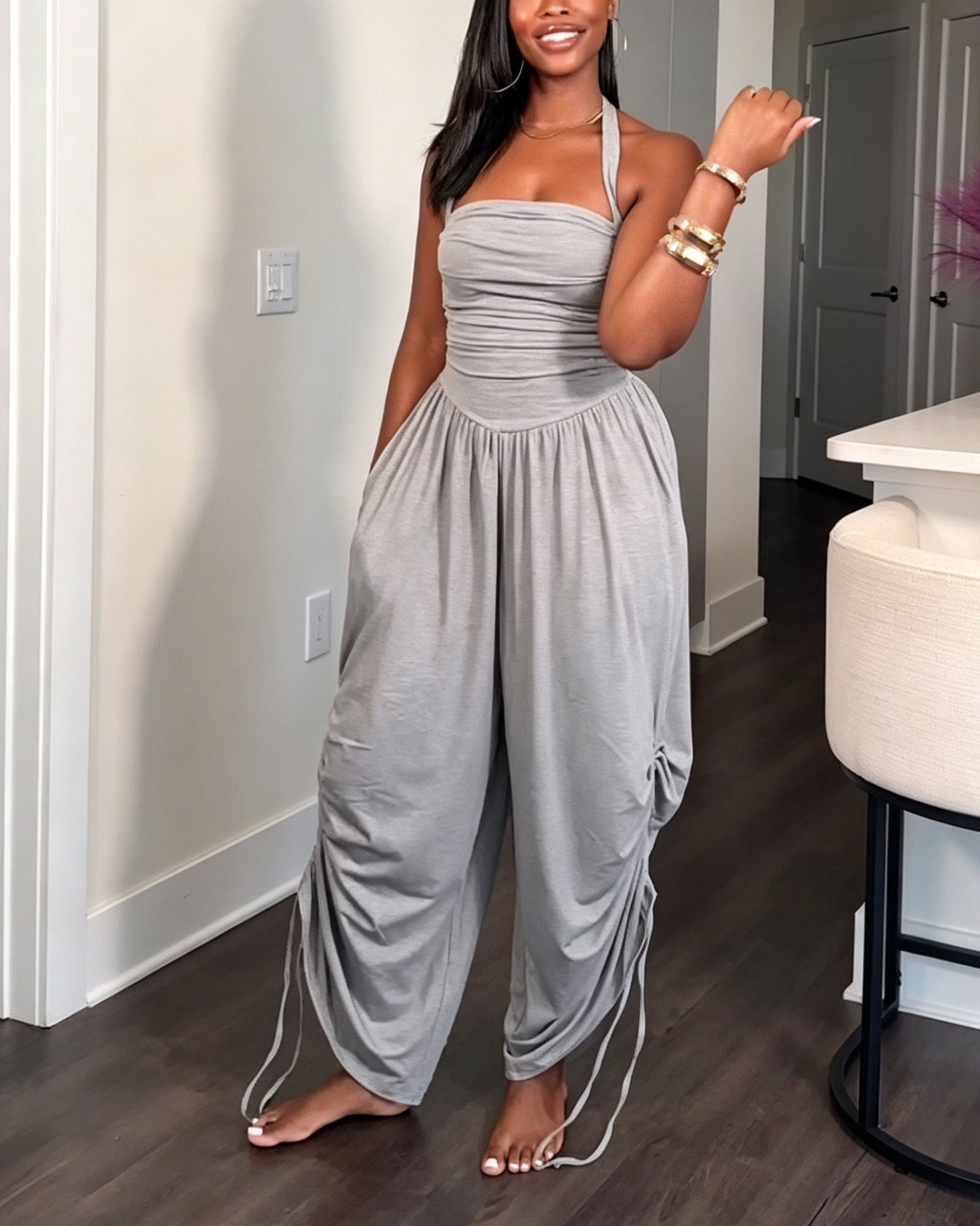 Backless Pleated Drawstring Waist Wide Leg Loose Fitting Jumpsuit