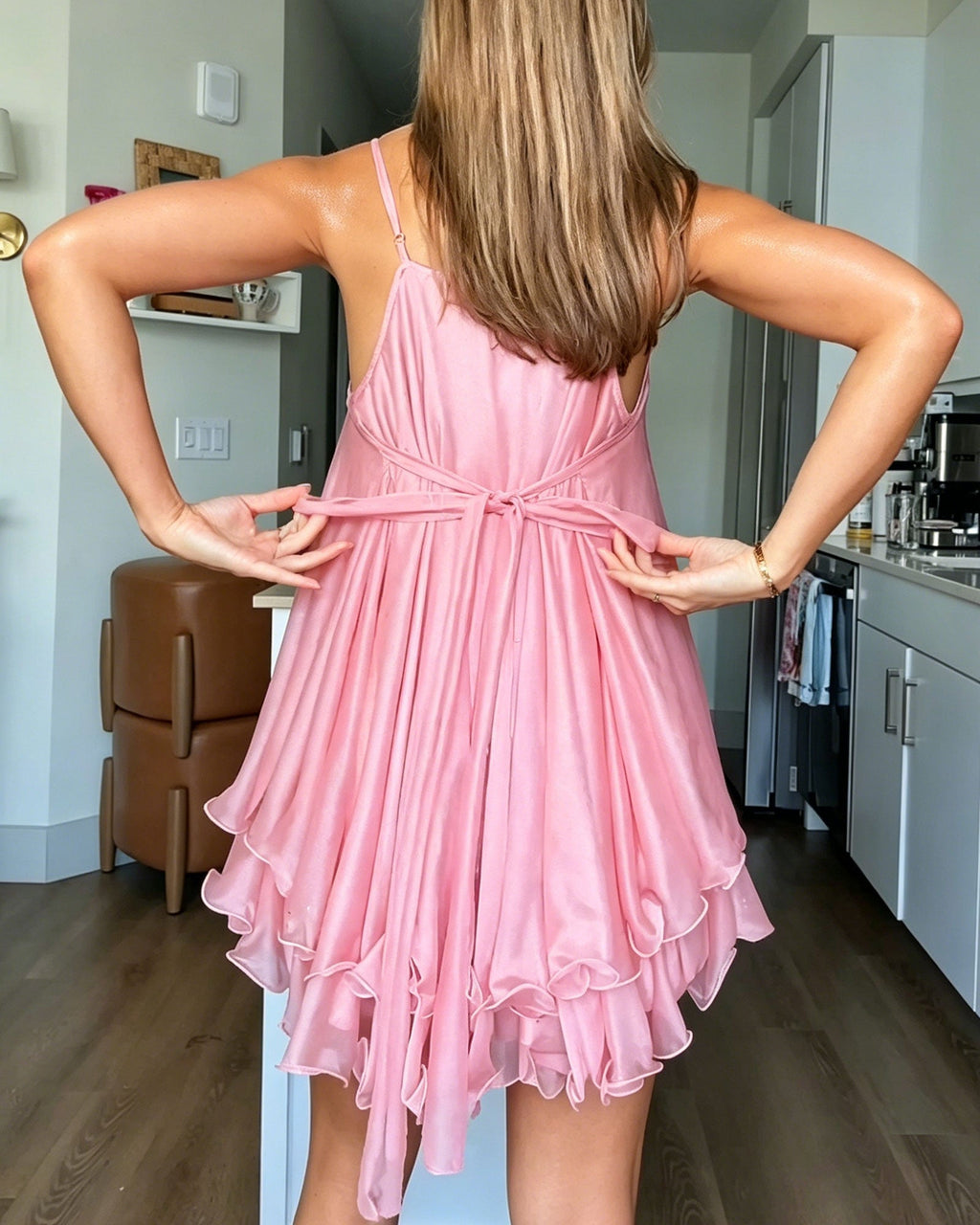 Sequined Halter V-Neck Backless Ruffled Mini Dress