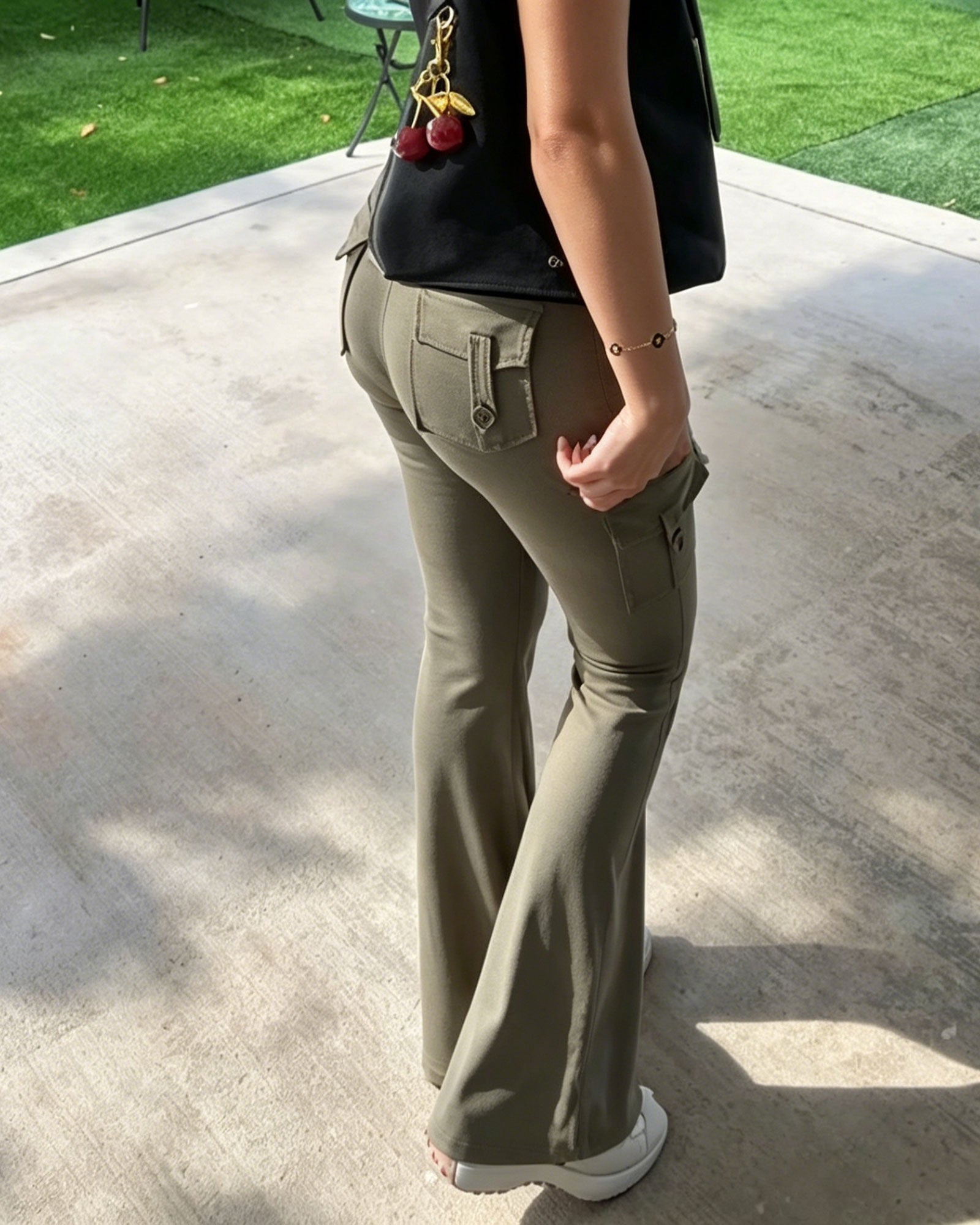 High Waisted Multi Pocket Pleated Flared Pants