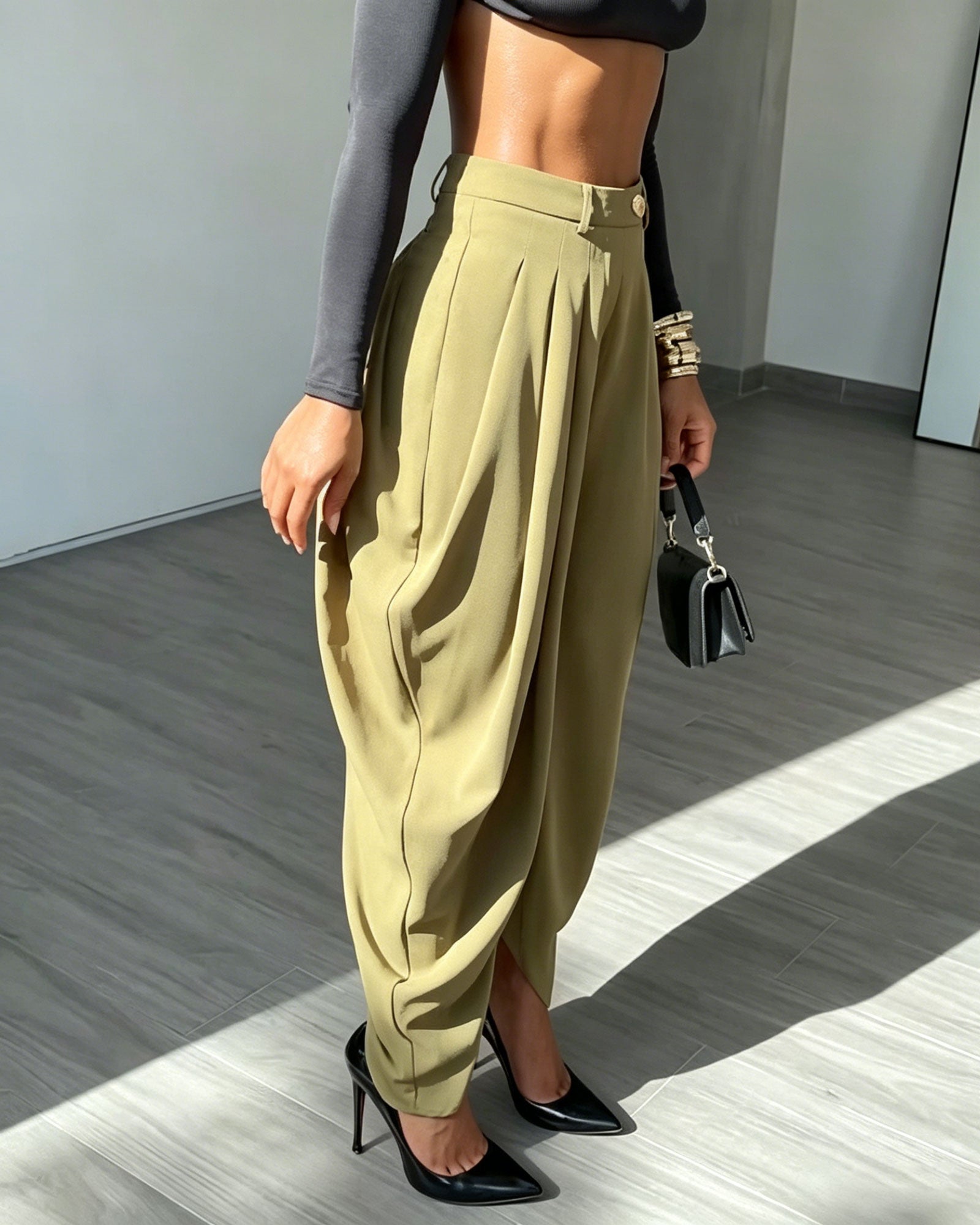 High Waisted Pleated Slit Wide Leg Harem Style Suit Pants
