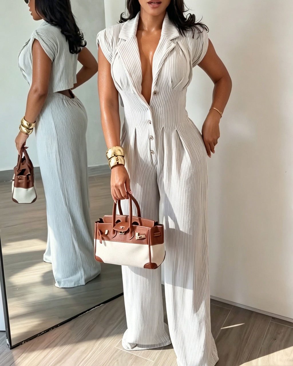 Vertical Striped Collared Short Sleeved Backless Wide Leg Jumpsuit