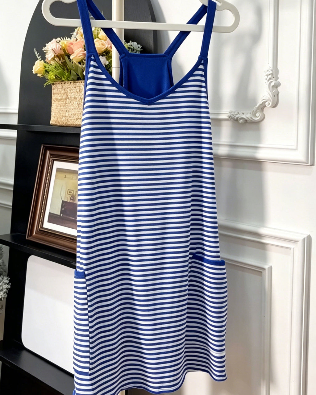 Striped V-Neck Sleeveless Swing Mini Dress with Built-In Shapewear