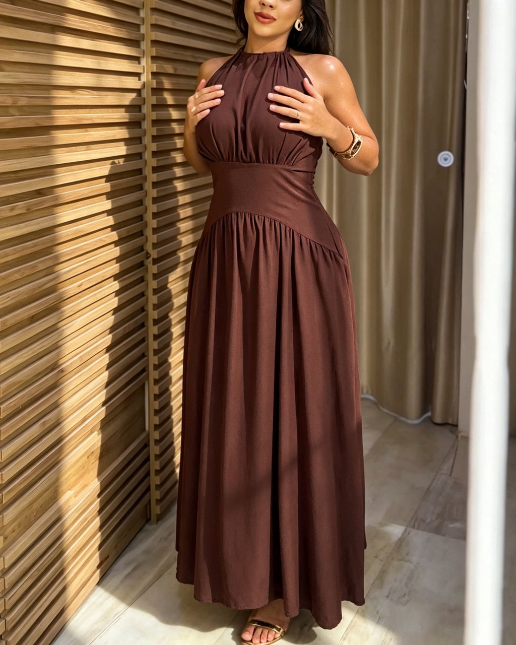 Solid Color Backless Tie Waist Pleated Flowing Long Dress