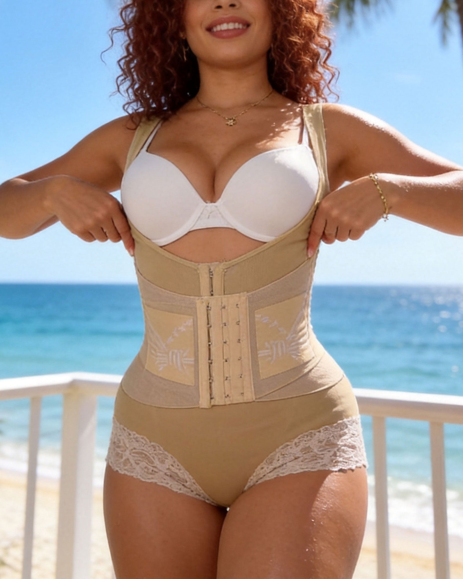 Double Layer Compression Waist Trainer Shapewear With Floral Lace Hem